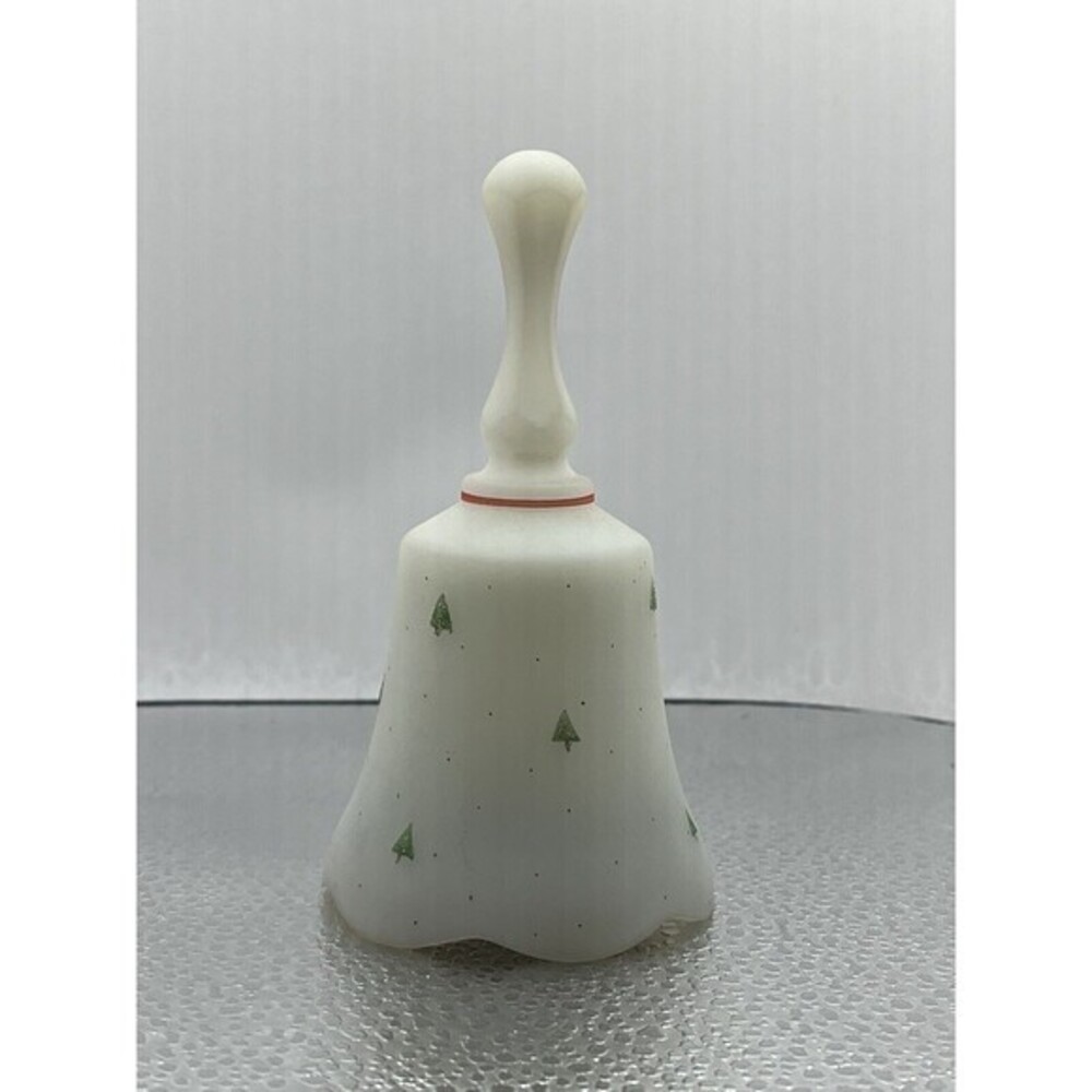 Fenton Christmas Bell Music Box Hand Painted Signed White Satin Tree Design xmas